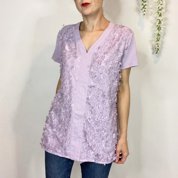 BADGLEY MISCHKA tunic top 3D floral appliqués lavender 2009 - Picture 5 of 9